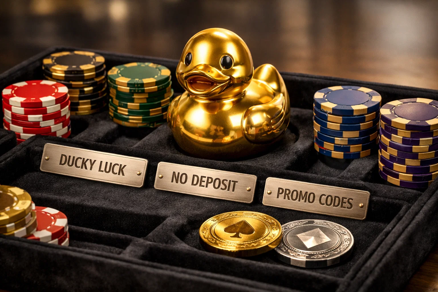 DuckyLuck Casino mascot with gold coins